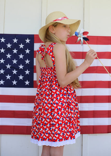 Girls Patriotic Fourth of July Eyelet Dress Flags