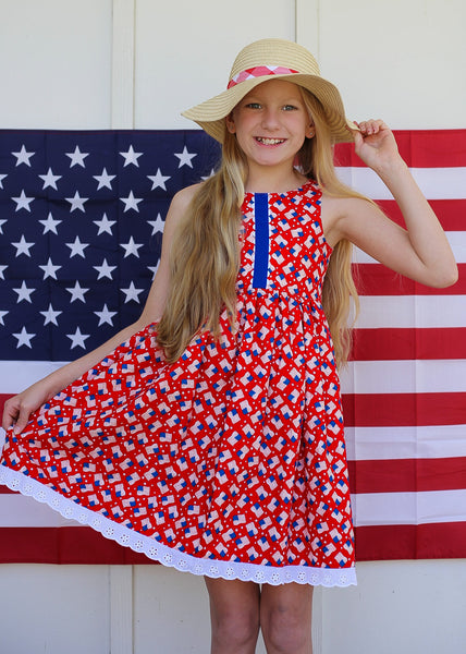 Girls Patriotic Fourth of July Eyelet Dress Flags