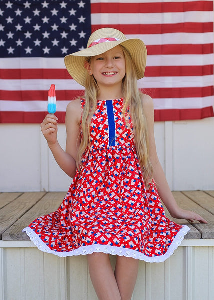 Girls Patriotic Fourth of July Eyelet Dress Flags